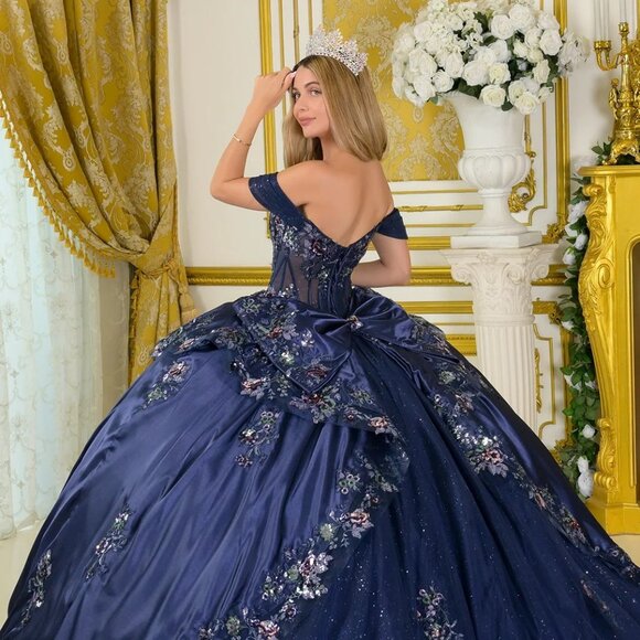 New Navy Satin Ball Gown w/ Floral Lace Embroidery & Oversized Back Bow GL3793 - Picture 12 of 14